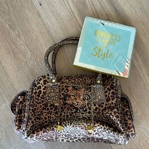 Leopard Print Satchel Handbag - Brown/Cream Dice Chain